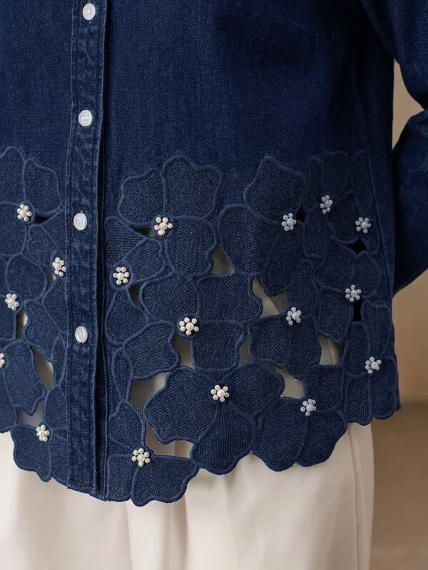 Anewsta Women's New Heavy Embroidery Hollow Beaded Casual Vacation Blue Shirt Jeans