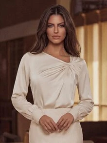 Anewsta Women's Solid Color Asymmetric Collar Pleated Long Sleeve Elegant Blouse Teachers' Day Brunch Cream White Autumn - Apricot - View 4