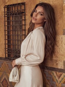 Anewsta Women's Solid Color Asymmetric Collar Pleated Long Sleeve Elegant Blouse Teachers' Day Brunch Cream White Autumn - Apricot - View 7
