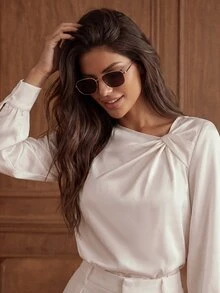 Anewsta Women's Solid Color Asymmetric Collar Pleated Long Sleeve Elegant Blouse Teachers' Day Brunch Cream White Autumn - Apricot - View 1