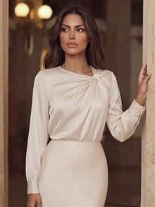 Anewsta Women's Solid Color Asymmetric Collar Pleated Long Sleeve Elegant Blouse Teachers' Day Brunch Cream White Autumn - Apricot - View 6