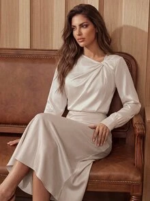 Anewsta Women's Solid Color Asymmetric Collar Pleated Long Sleeve Elegant Blouse Teachers' Day Brunch Cream White Autumn - Apricot - View 3