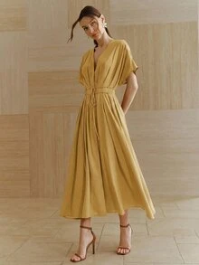 Anewsta Essential 女士新款春夏亚麻黄色优雅深V领蝙蝠袖褶皱系带连衣裙，适合日常、派对、聚会、度假等场合。 - 黃色 - 查看 5