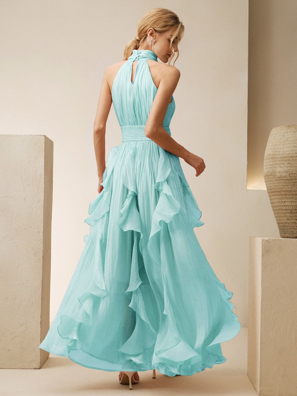 Anewsta Graceful Women's Sleeveless Aqua Chiffon Long Dress With Shirred Bodice And Tiered Ruffles