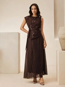Anewsta Women's New Elegant Fashion Versatile High-End Evening Dress, Luxury Banquet Dress With Sophisticated Charm, Suitable For Multiple Occasions - Coffee Brown - View 4