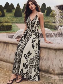 Anewsta French Style Colorblock Floral Halter Neck Dress, High Waist A-Line Flowy Vacation Beige Summer Tropical European Brunch Vacation Boho Elegant - Black - View 6