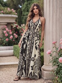 Anewsta French Style Colorblock Floral Halter Neck Dress, High Waist A-Line Flowy Vacation Beige Summer Tropical European Brunch Vacation Boho Elegant - Black - View 7