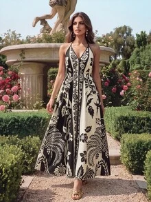 Anewsta French Style Colorblock Floral Halter Neck Dress, High Waist A-Line Flowy Vacation Beige Summer Tropical European Brunch Vacation Boho Elegant - Black - View 4