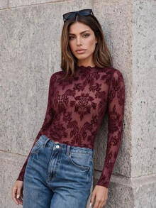 Anewsta Kaos Wanita Lengan Panjang Jala Bermotif Bunga Burgundy Musim Gugur, Cocok untuk Kencan, Pesta, Malam Hari, Perjalanan Sehari-hari, Gaya Vintage, Elegan, Minimalis, Seksi, dan Pas Badan. - Burgundy - View 4