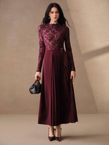Anewsta Kaos Wanita Lengan Panjang Jala Bermotif Bunga Burgundy Musim Gugur, Cocok untuk Kencan, Pesta, Malam Hari, Perjalanan Sehari-hari, Gaya Vintage, Elegan, Minimalis, Seksi, dan Pas Badan. - Burgundy - View 5