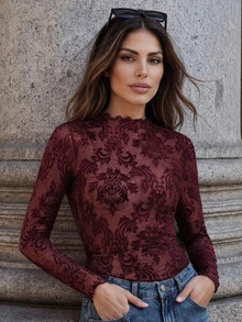 Anewsta Kaos Wanita Lengan Panjang Jala Bermotif Bunga Burgundy Musim Gugur, Cocok untuk Kencan, Pesta, Malam Hari, Perjalanan Sehari-hari, Gaya Vintage, Elegan, Minimalis, Seksi, dan Pas Badan. - Burgundy - View 3
