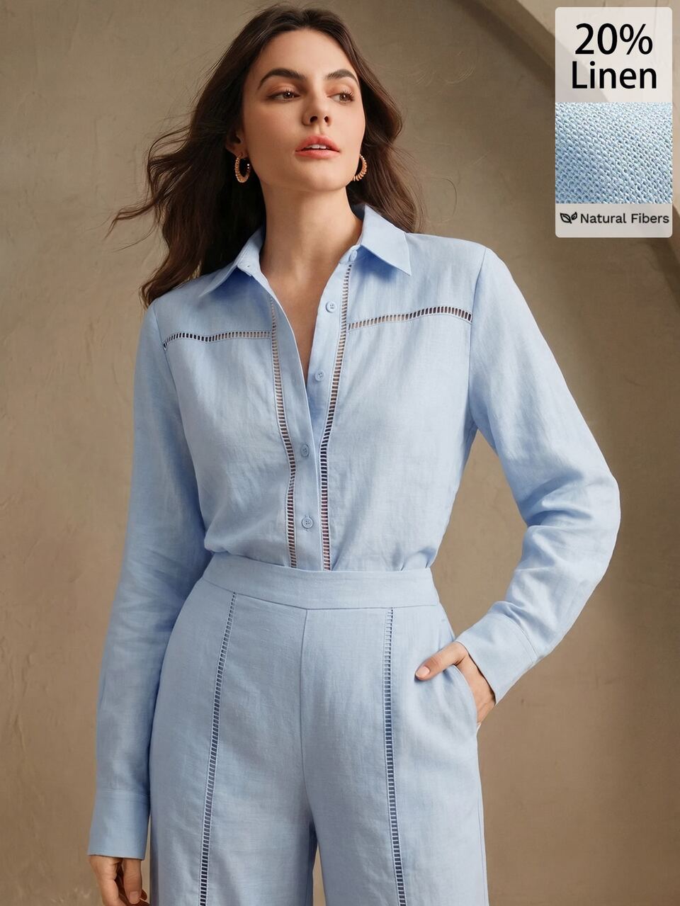 Anewsta Minimalist Casual 20% Linen Lace Hollow Patchwork Long Sleeve Loose Comfortable Commute Elegant Women's Blouse