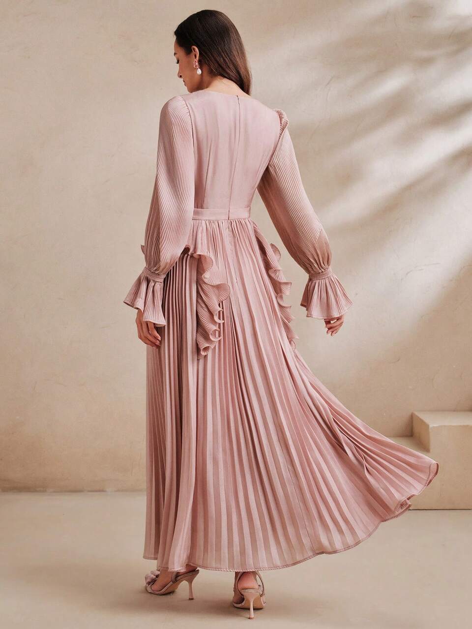 Anewsta Spring/Autumn Elegant Romantic Pleated 3D Ruffle Flowy Fabric Long Sleeve Dusty Pink Women's Long Dress Parties Tea Party Dinner Wedding