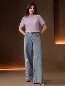 Anewsta 優雅度假風領口拼接葉片蕾絲粉色短袖女款T恤 - 紫色 - 查看 4