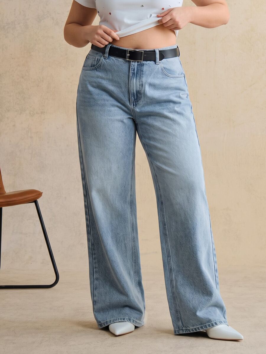 Anewsta Jeans Kaki Lurus Ukuran Besar Warna Biru Navy Wash Gaya Kasual Tradisional untuk Pantai dan Acara Formal Musim Gugur/Panas - Biru - View 1