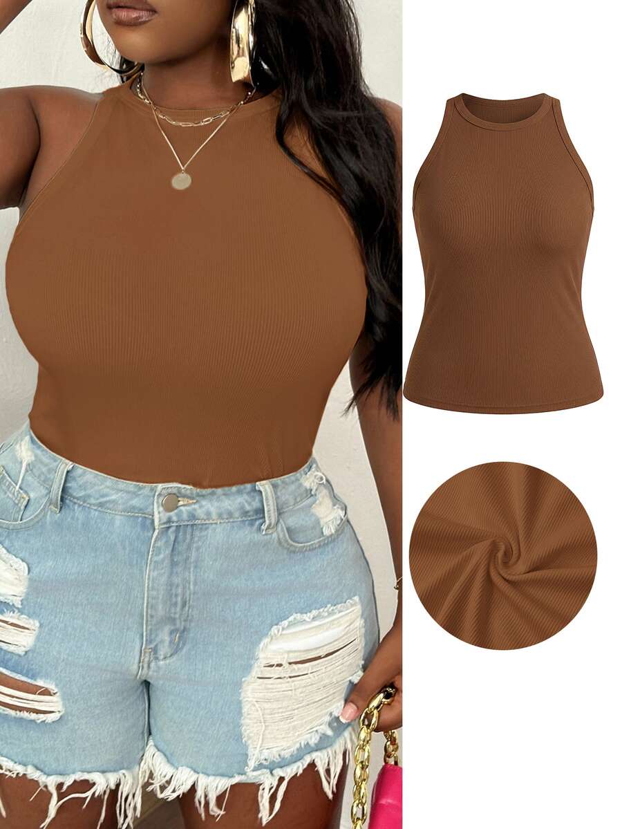 Slaydiva Plus Size Women Casual Basic Fitted Solid Color Round Neck Camisole