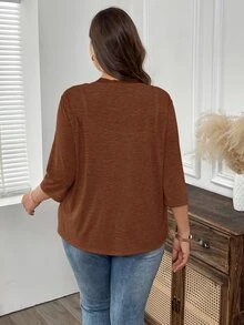 EMERY ROSE Plus Size Woman Vacation Solid Color Asymmetric Hem Casual Resort Costume Coat Winter Fall Autumn - Brown - View 2
