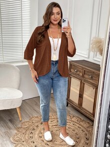 EMERY ROSE Plus Size Woman Vacation Solid Color Asymmetric Hem Casual Resort Costume Coat Winter Fall Autumn - Brown - View 7