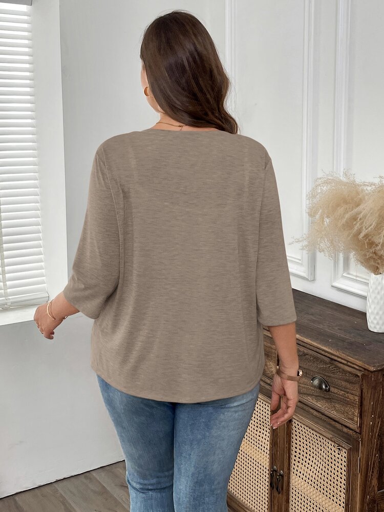 EMERY ROSE Plus Size Vacation Outfits Women Cardigans Solid Color Asymmetric Hem Casual Resort CostumeJacket - Mocha Brown - View 2