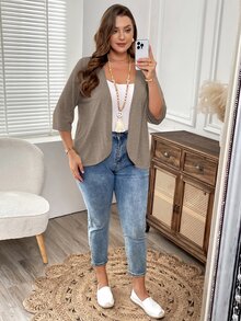 EMERY ROSE 大尺碼女款度假套裝開襟衫 素色不對稱下擺休閒度假風外套 - 摩卡棕 - 查看 5
