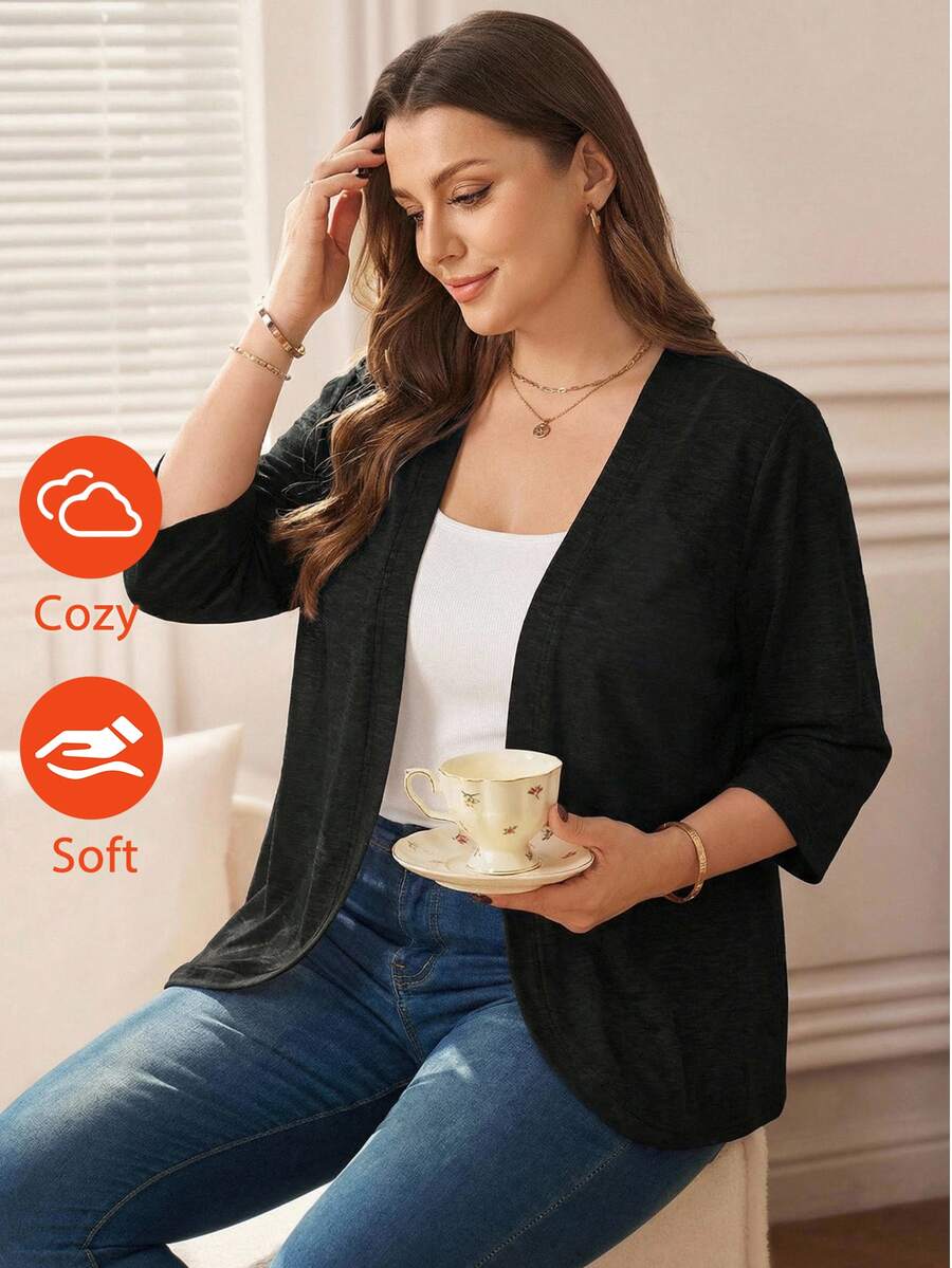 Rosumi Plus Size Vacation Outfits Woman Women Cardigans Solid Color Asymmetric Hem Casual Resort CostumeJacket Winter Fall Autumn - Black - View 1