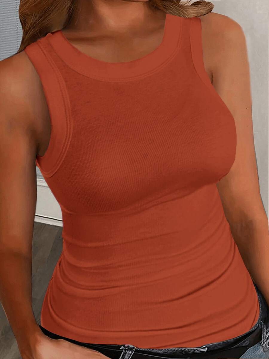 Slaydiva Plus Size Casual Basic Slim Fit Burnt Orange Round Neck Off Shoulder Tank Top-C Evening Formal Summer