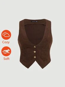 SHEIN MOD 大碼前紐扣夾克背心 - 咖啡棕 - 查看 9