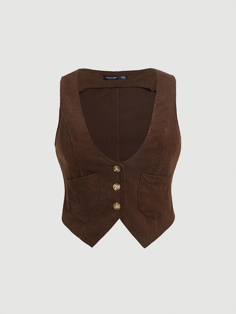 SHEIN MOD Plus Button Front Vest Jacket Winter Fall Autumn - Coffee Brown - View 1