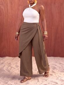 Zivah Women's Plus Size Spring/Summer Patchwork Asymmetrical Hem Straight Leg Wide Leg Long Pants - Army Green - View 3