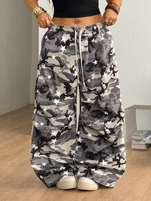 Coolane Women's Plus Size Size Summer Fall Going Out Formal Tennis Office Gym Casual Streetwear Mid Rise Wide Leg Camouflage Star Print Woven Pants - Multicolor - View 6