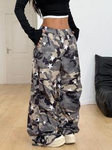 Coolane Women's Plus Size Size Summer Fall Going Out Formal Tennis Office Gym Casual Streetwear Mid Rise Wide Leg Camouflage Star Print Woven Pants - Multicolor - View 7