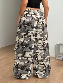 Coolane Women's Plus Size Size Summer Fall Going Out Formal Tennis Office Gym Casual Streetwear Mid Rise Wide Leg Camouflage Star Print Woven Pants - Multicolor - View 5