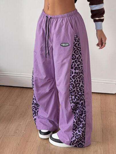 Coolane Women's Men's Plus Size Summer Fall Streetwear Going Out Gym Y2k Casual Leopard Print Patchwork Elastic Waist Wide Leg Purple Pants