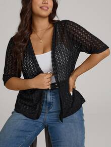 SHEIN LUNE Plus Size Fall Women Clothes Leopard Print 7/8 Sleeve Everyday Casual Bomber Jacket Back To School For Autumn & Winter Outfits - Black - View 5