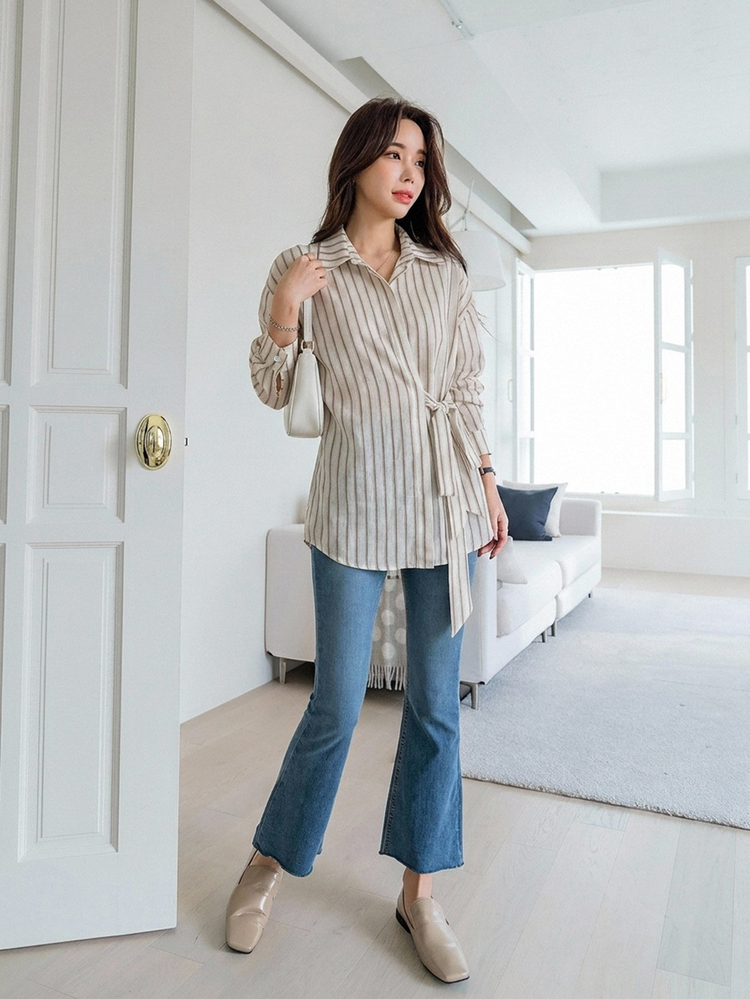 DAZY Women's Striped Long Sleeve Side Waist Tie Casual Shirt Fall - White - View 8