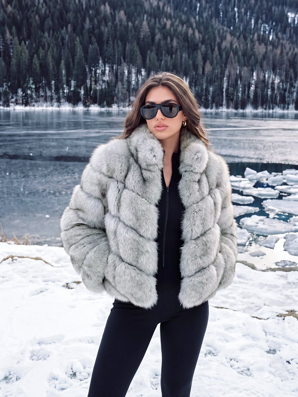 Anewsta Women All Over Print Faux Fur Coat With Long Regular Sleeves Casual Fuzzy Short Grey Outerwear