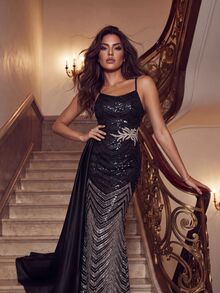 Anewsta Affair Women's Spaghetti Strap Waist Beaded Floral Decor Sequin Evening Dress - Navy Blue - View 6