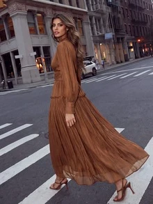 Anewsta Distinctive Sparkly Fabric Puffy Sleeve Waist Patchwork High Waist Dress - Coffee Brown - View 2