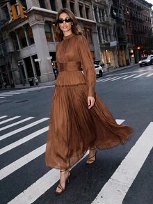 Anewsta Distinctive Sparkly Fabric Puffy Sleeve Waist Patchwork High Waist Dress - Coffee Brown - View 4