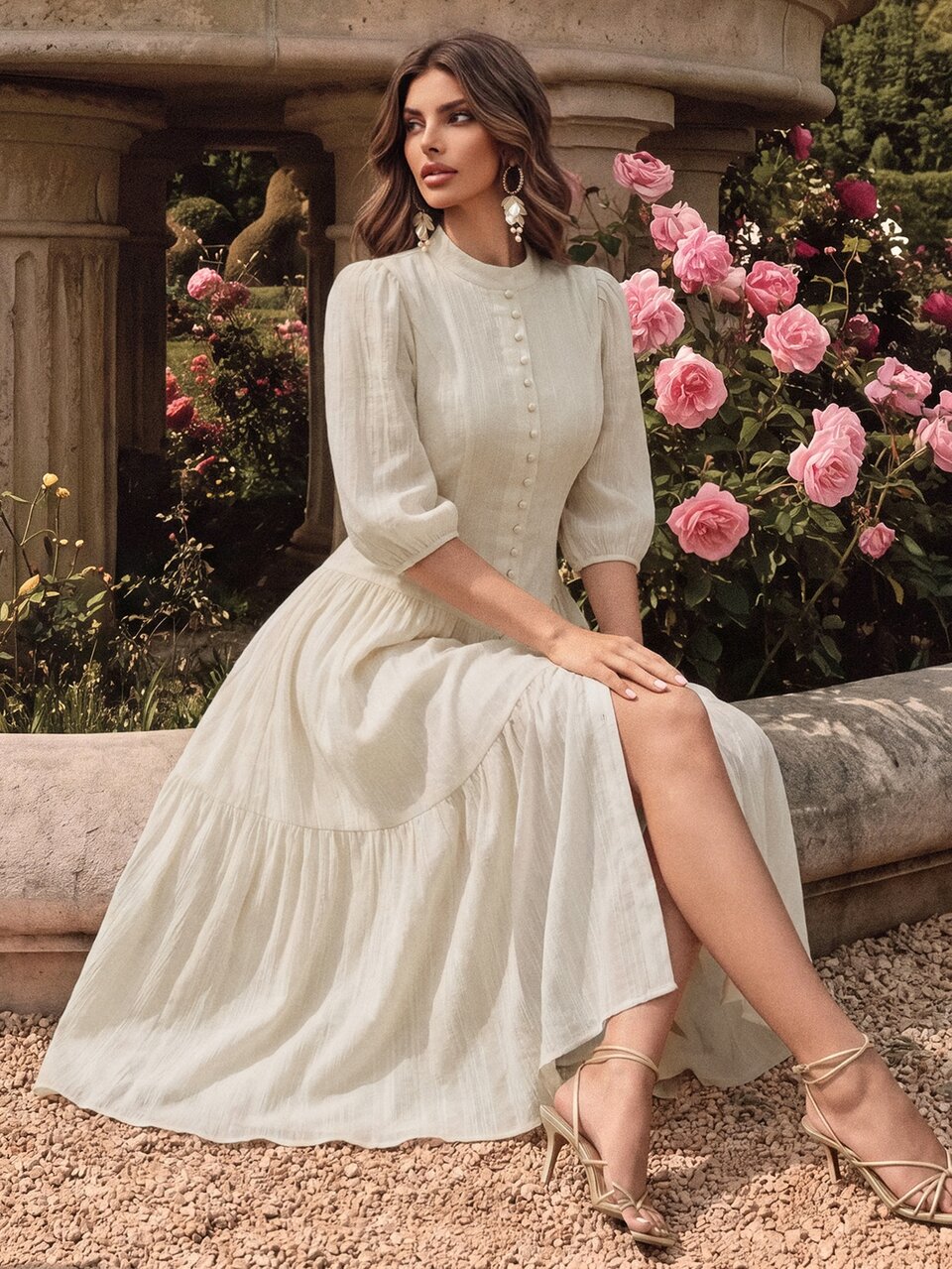 Anewsta Elegant Vintage Women White Loose Weave Midi Dress Maxi Women Outfit