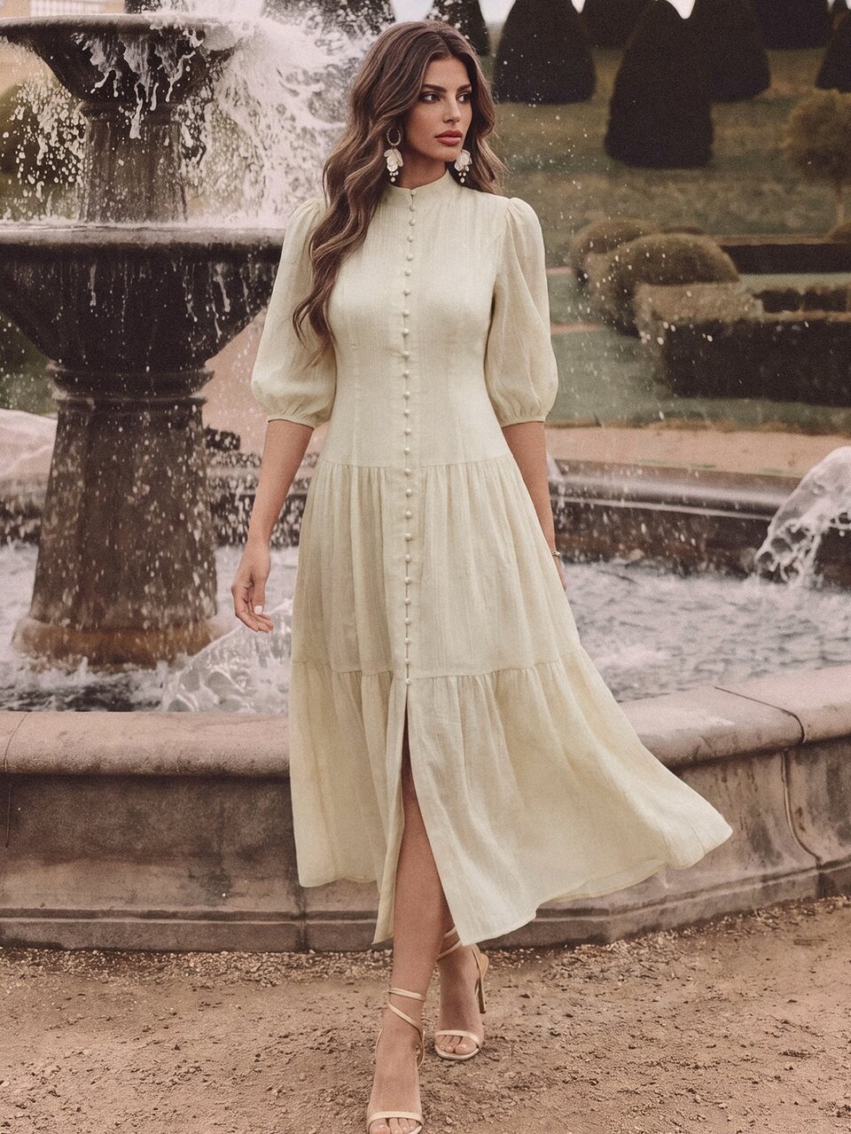 Anewsta Elegant Vintage Women White Loose Weave Midi Dress Maxi Women Outfit