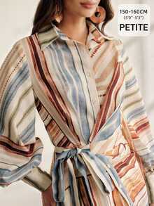 Anewsta Petite 春秋季復古度假風多色對比條紋蝴蝶結收腰紋理奢華女款小碼長洋裝，適合度假、日常、外出 - 彩色 - 查看 6
