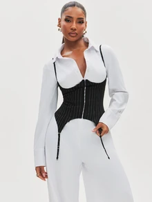 NYA SZN Jumpsuit Long Sleeve Collared Corset Detail Garter Business Casual Office Going Out School Club Brunch Sexy Statement Birthday Party Chic White Fall - Black and White - View 3