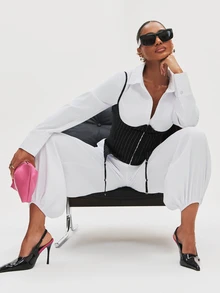 NYA SZN Jumpsuit Long Sleeve Collared Corset Detail Garter Business Casual Office Going Out School Club Brunch Sexy Statement Birthday Party Chic White Fall - Black and White - View 2