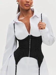 NYA SZN Jumpsuit Long Sleeve Collared Corset Detail Garter Business Casual Office Going Out School Club Brunch Sexy Statement Birthday Party Chic White Fall - Black and White - View 4