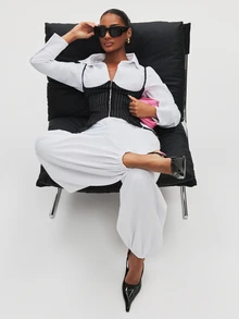 NYA SZN Jumpsuit Long Sleeve Collared Corset Detail Garter Business Casual Office Going Out School Club Brunch Sexy Statement Birthday Party Chic White Fall - Black and White - View 6