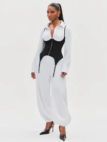 NYA SZN Jumpsuit Long Sleeve Collared Corset Detail Garter Business Casual Office Going Out School Club Brunch Sexy Statement Birthday Party Chic White Fall - Black and White - View 5