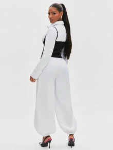 NYA SZN Jumpsuit Long Sleeve Collared Corset Detail Garter Business Casual Office Going Out School Club Brunch Sexy Statement Birthday Party Chic White Fall - Black and White - View 7
