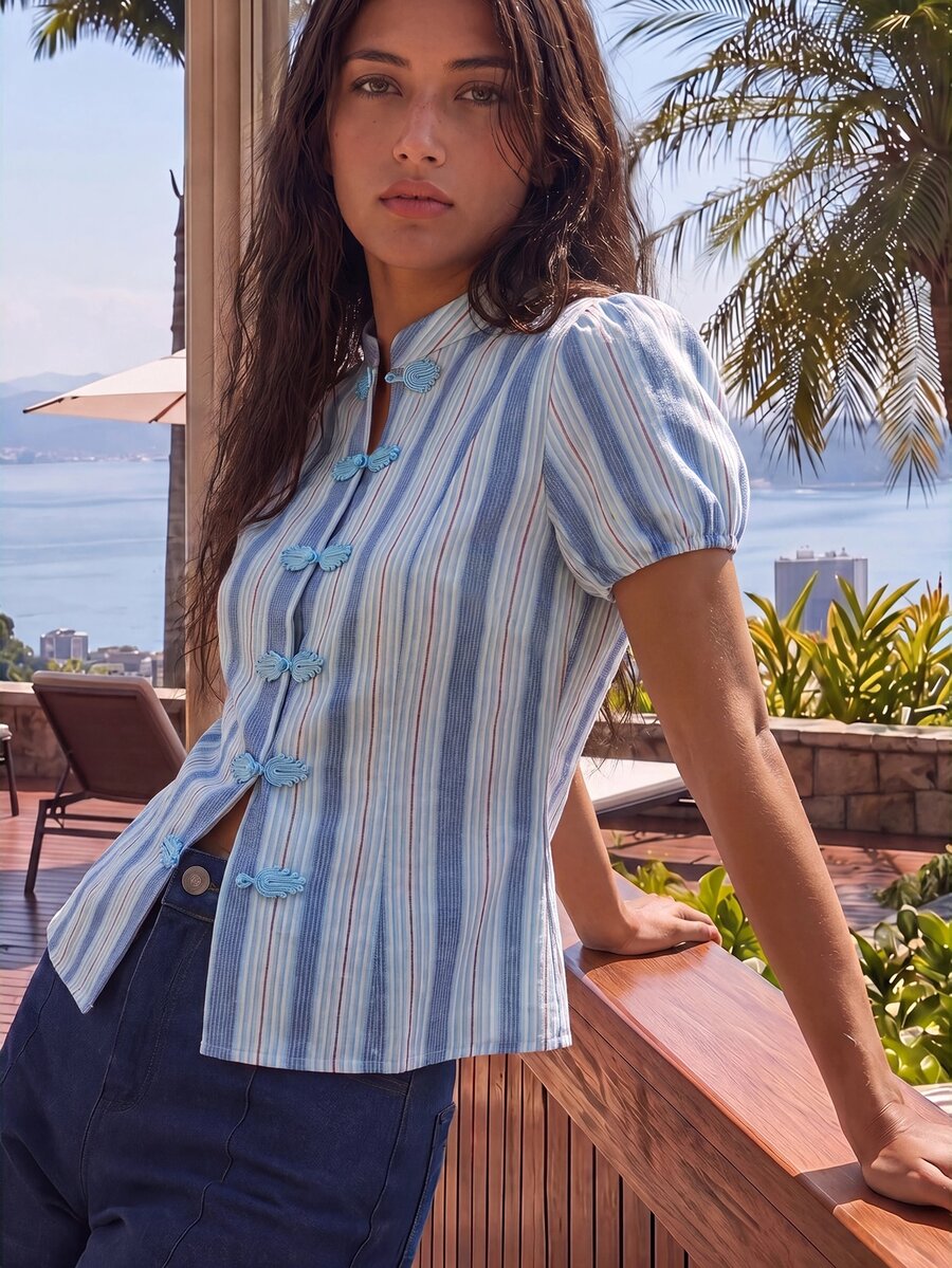 Nöista Chinese-Style Striped Puff Sleeve Blouse. Summer, Fall, Office Wear, Business Casual, Elegant Style. - Blue - View 1