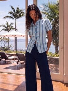 Nöista Chinese-Style Striped Puff Sleeve Blouse. Summer, Fall, Office Wear, Business Casual, Elegant Style. - Blue - View 4